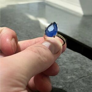 Vintage Blue Sapphire Ring With Silver Tone Band & Crystal Accents